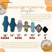 Load image into Gallery viewer, 12 in. heavy or moderate absorbency reusable pads, sanitary napkins, reusable pads, mushrooms, cotton topper, washable period pad, gift
