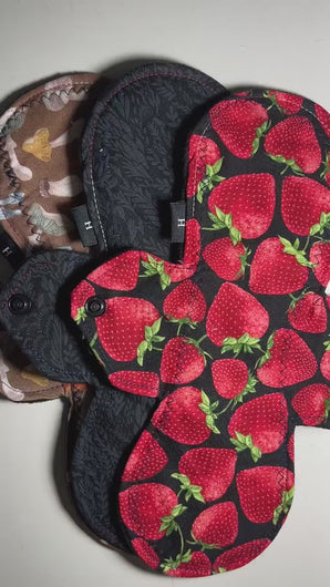 12 inch  heavy absorbency reusable cotton pads, sanitary napkins, reusable pads, strawberries on black